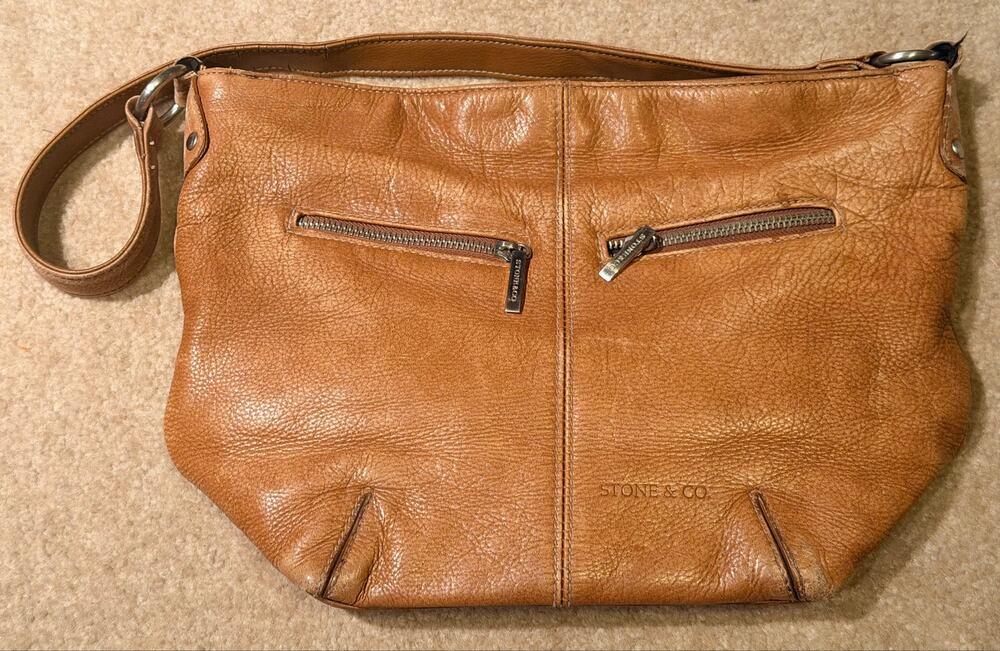 Stone & Co. Brown Pebble Leather Hobo Shoulder Bag Purse Dual Exterior Zippers